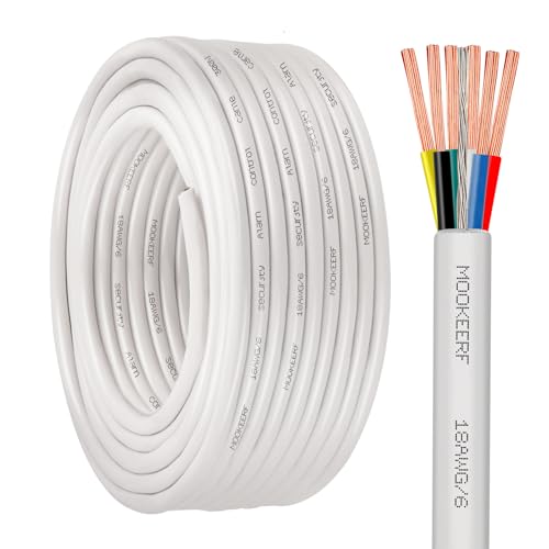MOOKEERF 18/6 Shielded Wire 18AWG 6 Conductor 50FT Shielded Plenum Cable White CL3P Jacket Alarm Control Cable Stranded Pure Copper for Low Voltage LED,Burglar System,Fire Detector,Security Station - size: 50FT, style: 18/6