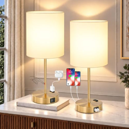 Lynnoland 2 Pack Touch Control Table Bedside Lamps with 2 USB & AC Outlet, 3-Way Dimmable Bedside Nightstand Lamps for Bedroom Living Room Nursery, 800 Lumens 3000K Warmlight Bulbs Included - color: White & Brushed Gold
