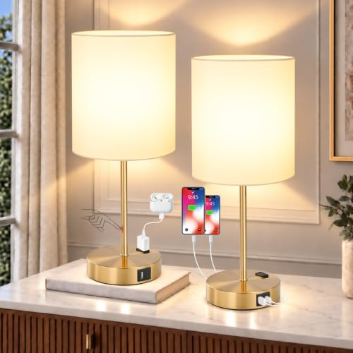 Lynnoland 2 Pack Touch Control Table Bedside Lamps with 2 USB & AC Outlet, 3-Way Dimmable Bedside Nightstand Lamps for Bedroom Living Room Nursery, 800 Lumens 3000K Warmlight Bulbs Included - color: White & Brushed Gold