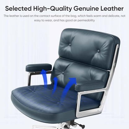 Genuine Leather Office Chair, Mid Back Executive Desk Chairs with Aluminum Arms and Wheels, Swivel Office Leather Chair with Thickened Backrest and Ergonomic Lumbar Support, Dark Blue - color: Dark Blue