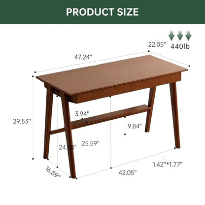100% Solid Rubber Wood Desk Home Office Desk Mid Century Modern Writing Computer Desk with Drawer for Home Office 47" - color: Teak-rubberwood, size: 47.24"W