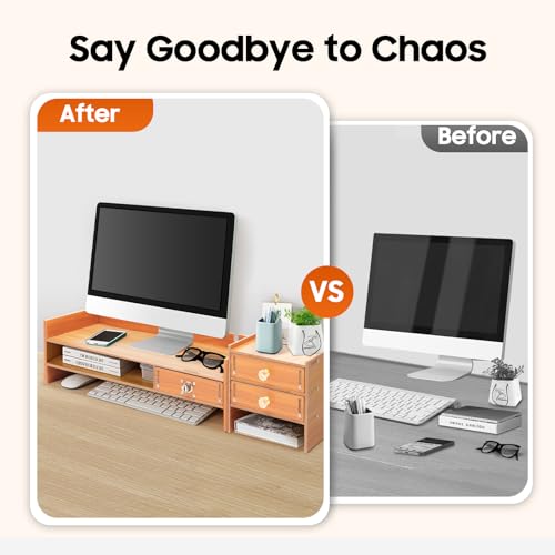 Computer Monitor Stand with Drawers, 18.9 Inch Wood Monitor Stand, Computer Rack with Lockable Drawer & Phone Holder for Office Home