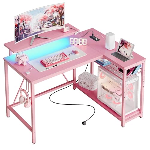 Bestier 42-Inch Pink L-Shaped Gaming Desk with Charging & LED | Charging 2AC+USB+Type-C, RGB LED 20 Colors/22 Modes, Reversible Shelves, Carbon Fiber Texture, Headset Hook, Small Space - color: Pink Carbon Fiber, size: 42 Inch