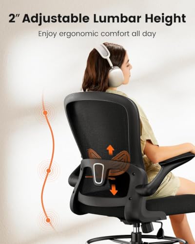 ErGear Drafting Chair with Footrest Ring and Flip-Up Arms for Tall Desks | 8 inch seat height adjustment, lumbar support, 33% thicker seat, breathable mesh, 300 lbs capacity, standing desk use - color: Black