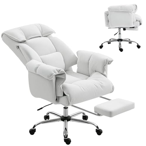 HOMCOM Executive Office Chair Comfy with Foot Rest Reclining Cream White | Reclining Swivel Computer Desk Chair, Thick Cushion, Padded Armrest, Adjustable Height, Rolling Wheels - color: Cream White