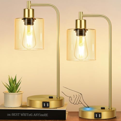 Set of 2 Industrial Touch Control Table Lamps with 2 USB Ports and AC Outlet - 3-Way Dimmable Gold Bedside Lamp Nightstand Desk Lamps for Bedroom Living Room, Amber Glass Shade & 2 LED Bulbs Included - color: Gold(2 pack)-Amber Glass-Touch Control