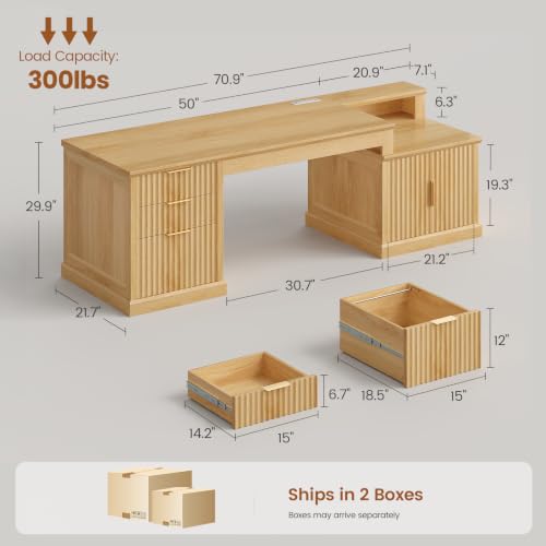 SEDETA 70.9" Executive Desk, Fluted Office Desk with Drawers, Fluted Oak | Computer Desk with Power Outlet for Home Office, Desk with File Drawers and Storage Cabinet, Work Study Writing - color: Fluted Oak, size: 70.9" Executive Desk
