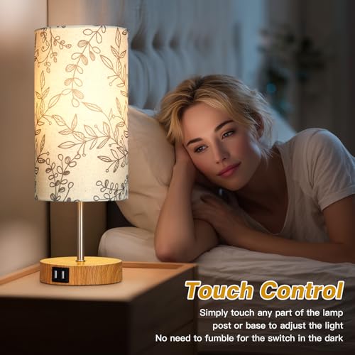 CINSARY Bedside Touch Lamps for Nightstand with 2 USB Charging Ports, 3 Way Dimmable Wood Bedroom Lamp with Flower Fabric Shade, Small Table Lamp for Living Room Reading Desk (LED Bulb Included) - color: Flower-3