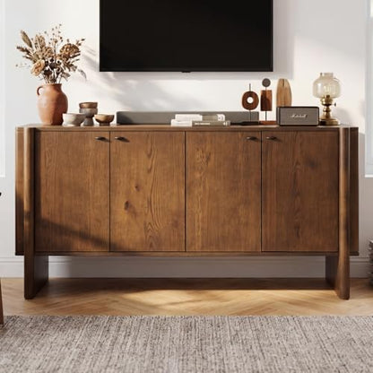 Ya-Home Modern Sideboard Buffet Cabinet with Storage, Accent Farmhouse Buffet Coffee Bar Cabinet with 4 Doors, Wooden Media Console Table Credenza for Living Room/Kitchen/Entryway, Brown - color: Brown