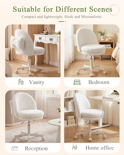 GTPOFFICE Vanity Chair with Back, Adjustable Tall Office Chair High Swivel Bar Stools Fluffy Cute Desk Chair Comfy with Wheels Bow Pillow Armlees for Adults Standing Desk Bar, Teddy Velvet, Cream - color: Tv-cream