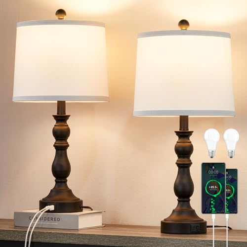 Black Table Lamps Set of 2, Black Lamps for Bedroom, USB C+A Ports - color: E.White, Black