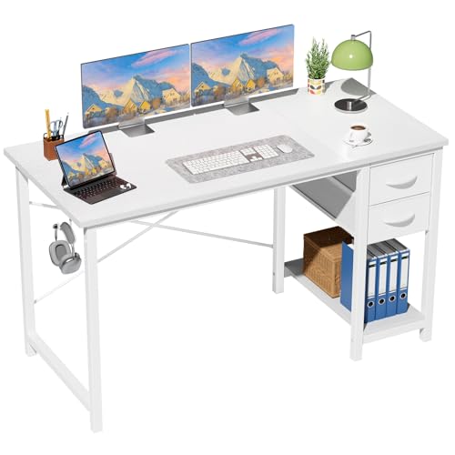 47-Inch Computer Desk with Drawers for Home Office, White | Modern Simple Small Desk for Bedroom with Side Hook, Reversible Gaming Study Writing Table PC Desks - color: White, size: 46 IN