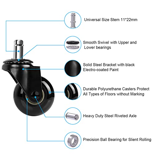 Hirate 2 inch Office Chair Caster Durable PU Wheel Replacement Set of 5 Black - color: Black, size: 2 inch