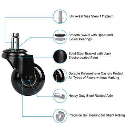 Hirate 2 inch Office Chair Caster Durable PU Wheel Replacement Set of 5 Black - color: Black, size: 2 inch
