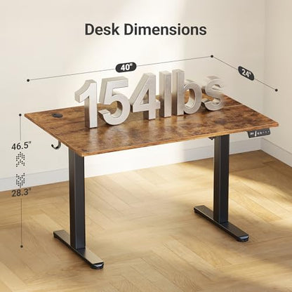 Claiks Electric Height Adjustable Standing Desk, 40x24 Inch, Rustic Brown | Smooth Height Adjustment, 3 Memory Presets, Cable management hub & hook, Stable Steel Frame, 156 lbs Capacity, Easy Assembly - color: Rustic Brown, size: 40