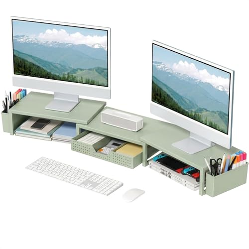 OPNICE Desk Organizers and Accessories, Dual Monitor Stand Riser with Drawer and 2 Pen Holders, Desk Shelf Computer Racks & Printer Stand for Office Workspace Organizers, Desktop Organization (Sage Green) - color: Sage Green