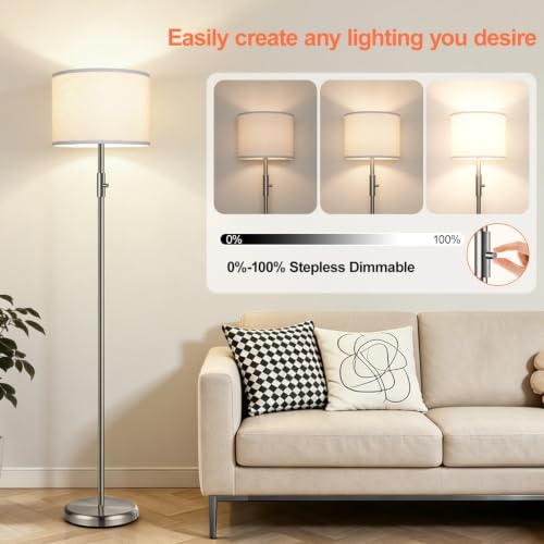 Floor Lamp Simple Design with White Shade, Small Tall Lamps for Living Room Bedroom Office Dining Room Kitchen, Sliver Pole Lamp-Sliver - color: Brushed Nickel-White shade