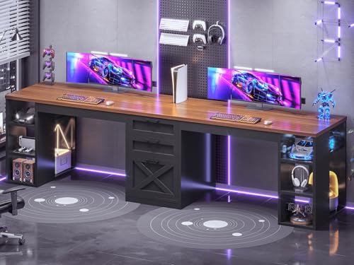 SEDETA Farmhouse 96.5" 2 Person Home Office Desk with Drawers | Gaming Desk with Storage, Double Computer Desk with Storage Drawers, Long Two Person Writing Desk, Black - color: Black