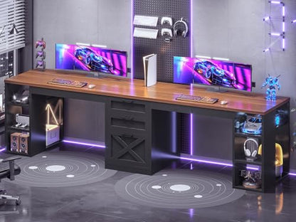 SEDETA Farmhouse 96.5" 2 Person Home Office Desk with Drawers | Gaming Desk with Storage, Double Computer Desk with Storage Drawers, Long Two Person Writing Desk, Black - color: Black