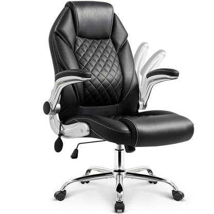NEO CHAIR Ergonomic Office Chair, Executive Leather Chair, Lumbar Support | Executive Desk Chair with High Back, Flip-Up Arms and Wide Seat, Comfortable Gaming Chair for Home Office, Black - color: Black