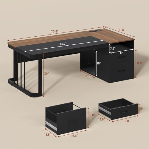 70.9" Executive Desk with Power Outlet, Large Office Desk with Drawers & Lateral File Cabinet, Long Computer Desk with Adjustable Storage Shelves, Modern Workstation Business Furniture (Walnut) - color: Walnut