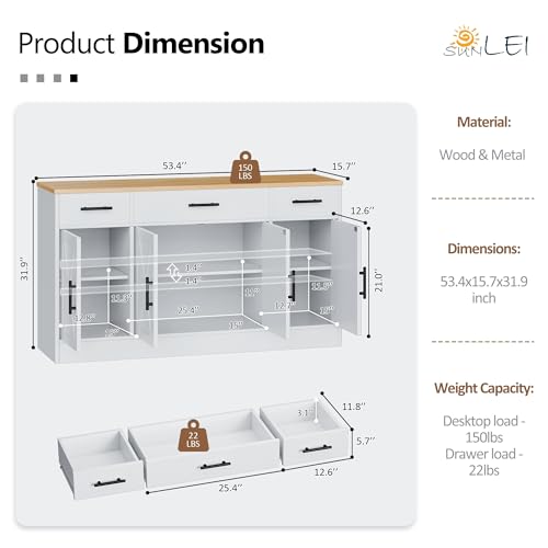 SUNLEI Buffet Cabinet with Storage, 53" Farmhouse Buffet Cabinet with 4 Doors and 3 Drawers, Sideboard Small Storage Cabinet with Adjustable Shelf, for Kitchen, Dining Room & Living Room, White&Yellow - color: White, size: 53.4 inch