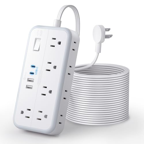 Flat Extension Cord 25 FT, NTONPOWER Long Power Strip, 10 Outlets 4 USB Ports (2 USB C), 3 Side 3 Prong & 2 Prong, Overload Protection, Flat Plug Wall Mount, White, SurgePro - size: 25 FT