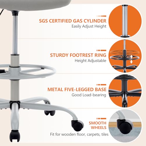 Sweetcrispy Tall Drafting Chair, High Office Desk Chair with Lumbar Support | Adjustable Height, Comfy Flip-up Arm, Footrest, 360° Rolling Counter Stool, Grey - color: Grey, size: 48.4 inches (H) x 24 inches (W) x 25.2 inches (D)