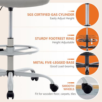 Sweetcrispy Tall Drafting Chair, High Office Desk Chair with Lumbar Support | Adjustable Height, Comfy Flip-up Arm, Footrest, 360° Rolling Counter Stool, Grey - color: Grey, size: 48.4 inches (H) x 24 inches (W) x 25.2 inches (D)