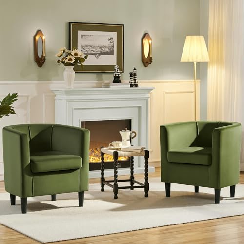Yaheetech Barrel Accent Chairs Set of 2, Modern Armchairs, Olive Green | Soft Velvet Chair with High-Density Foam Seat, Upholstered Barrel Sofa Chair for Living Room Bedroom Waiting Room - color: Olive Green, size: Set of 2
