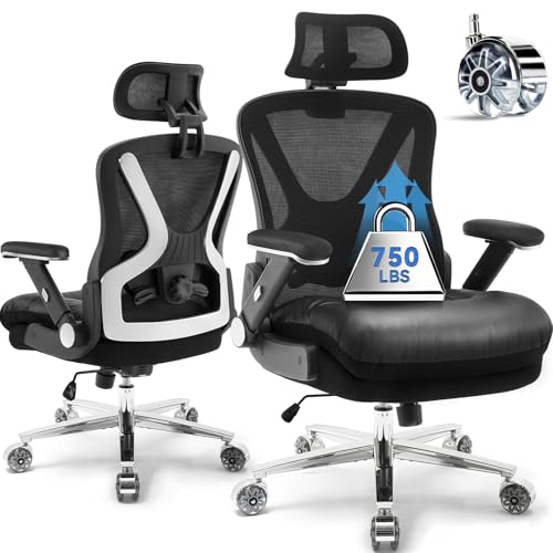 750lbs Ergonomic Office Chair,Upgrade Big and Tall Office Chairs for Heavy People,Mesh High Back Desk Chair with 5D Flip Arms Large Wheels,Adjustable Headrest & Lumbar Support,Wide Chairs - color: Black With Electroplated Color, style: Crystal Wheels