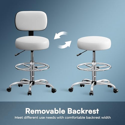 SUPERJARE Drafting Chair with Backrest, Adjustable Foot Rest Rolling Stool | Multi-Purpose Shop Stool, Drafting Stool, Office Desk Chair, Bar Stools with Thick Seat Cushion for Home Bar Kitchen, White - color: White