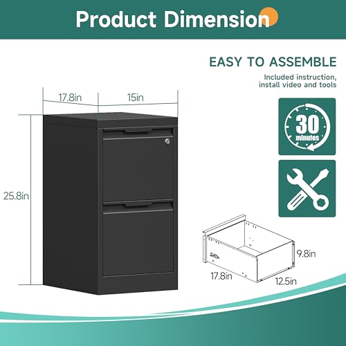 2 Drawer Metal Vertical File Cabinet with Lock for Home Office | 17.8 Inch Depth,Under Desk Small Filing Cabinet,Adjustable Hanging Bar,Fits Letter & Legal Size Files,Easy to Assemble,Black - color: Black, size: 17.8"D x 15"W x 25.8"H（2 Drawers）