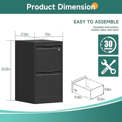 2 Drawer Metal Vertical File Cabinet with Lock for Home Office | 17.8 Inch Depth,Under Desk Small Filing Cabinet,Adjustable Hanging Bar,Fits Letter & Legal Size Files,Easy to Assemble,Black - color: Black, size: 17.8"D x 15"W x 25.8"H（2 Drawers）