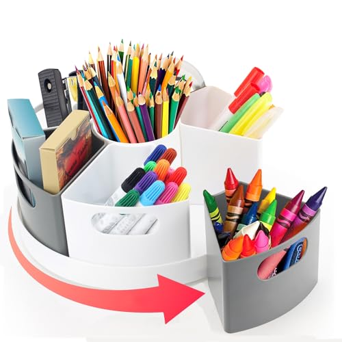 Rotating Art Supply Organizer Storage Caddy for Kids, 7 Bins Craft Crayon Marker Organizers for School Desk, Lazy Susan Pencil Holder for Classroom Organizations (gray and white) - color: gray and white