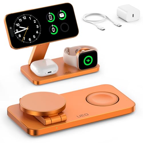 UEQ Foldable 3 in 1 Wireless Charging Station for Apple Mag Safe Charger Stand,Fast Magnetic Wireless Charger Station for iPhone 17 Air 16 15 14 13 12 Series,Airpods Pro,Apple Watch Ultra (Orange) - color: Orange