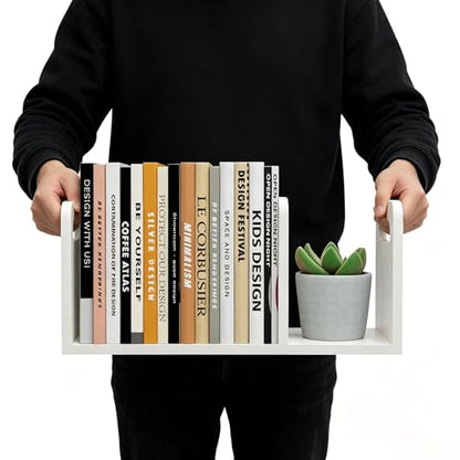 100% Solid Wood Adjustable Desktop Bookshelf With Movable Divider, Retro Tabletop Bookshelf With Convenient Handle Design for Living Room, Home, Office, Perfect for Magazines, Books, Files (White) - color: White