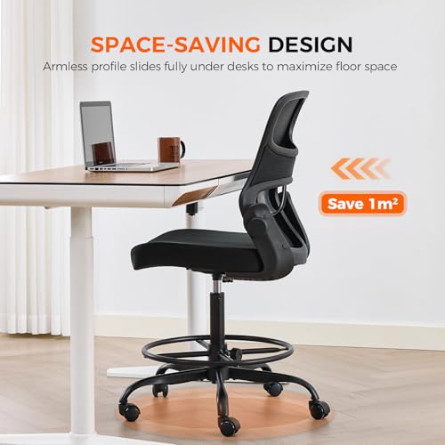 Armless Drafting Chair, Tall Office Chair for Standing Desks | A foot ring steadies legs through crafting and studio projects; breathable lumbar mesh and silent casters fit compact spaces. - color: Black-drafting