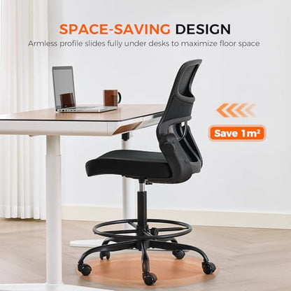 Armless Drafting Chair, Tall Office Chair for Standing Desks | A foot ring steadies legs through crafting and studio projects; breathable lumbar mesh and silent casters fit compact spaces. - color: Black-drafting