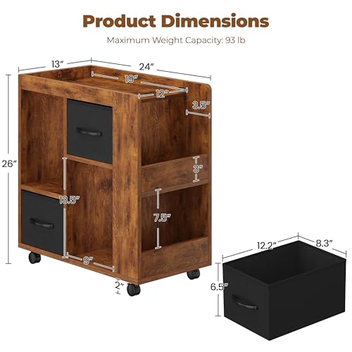 Yaheetech Narrow End Table Storage Drawer Rolling Shelves, Rustic Brown | Open Shelves | Magazine Rack | Rolling Wheels | Wooden Construction | Living Room & Bedroom - color: Rustic Brown