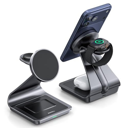 3-in-1 Wireless Charging Station for iPhone 17/16/15/14/13/12 Series, Apple Watch & AirPods, Aluminum Magnetic Charger Stand, MagSafe Compatible Fast Charging Dock for Multiple Devices