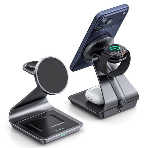 3-in-1 Wireless Charging Station for iPhone 17/16/15/14/13/12 Series, Apple Watch & AirPods, Aluminum Magnetic Charger Stand, MagSafe Compatible Fast Charging Dock for Multiple Devices