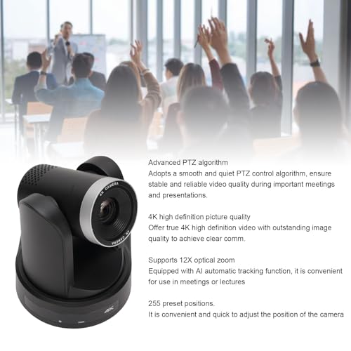 PTZ Conference Camera, 12X Optical Zoom 4K HD Video Conference Room Camera with AI Auto Tracking 255 Presets, for Business Meeting Lecture (US Plug)