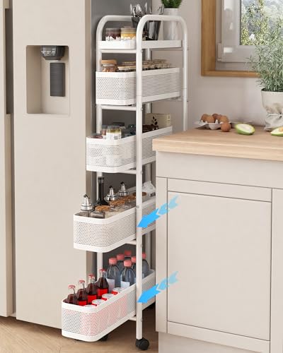 UMDONX 5-Tier Narrow Mobile Storage Cart with Pull-Out Baskets - color: White, size: 5 Tier