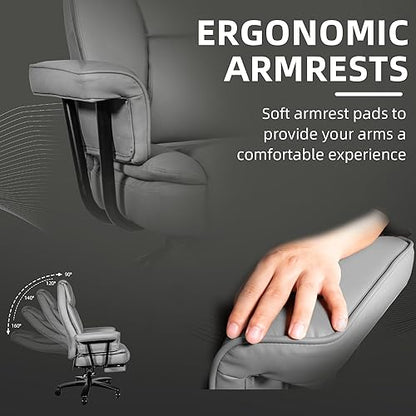 Reclining Office Chair with Footrest, Big and Tall Home Office Desk Chairs 400lbs with High Back, Criss Cross Wide Seat, Heavy Duty Base, Pu Leather, Grey - color: Grey