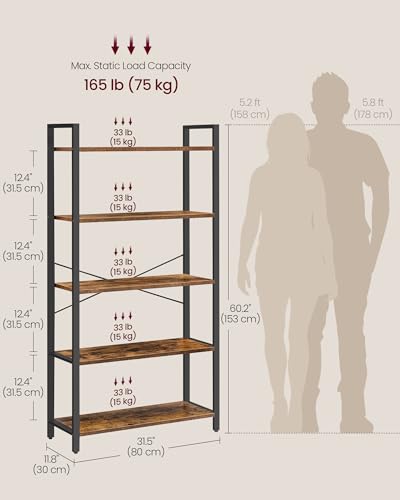 VASAGLE 5-Tier Bookshelf, Bookcase with Steel Frame, Book Shelf for Living Room, Home Office, Study, 11.8 x 31.5 x 60.2 Inches, Industrial Style, Rustic Brown and Ink Black ULLS081B01 - color: Rustic Brown + Ink Black, size: 5 Tiers (11.8"D x 31.5"W), sty