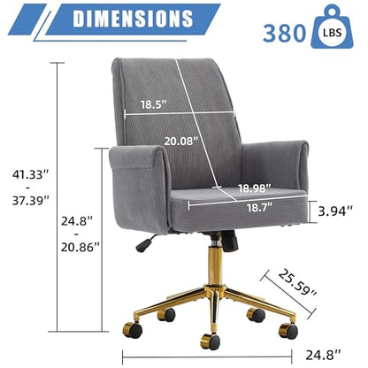 YITAI Stripes Velvet 360°Swivel Desk Chair, Modern Height Adjustable Home Office Armchair with Gold Base and Wheels for Vanity, Comfy Computer Chair for Study Living Room Bedroom（Gray） - color: Grey