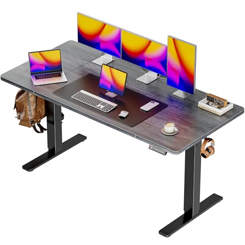 Huuger 55 x 28 Large Electric Standing Desk, Height Adjustable Desk, 27.6" Deep Desktop, Stand up Gaming Computer Office Desk with 2 Hooks, 3 Preset Heights, for Home Office, Grey - color: Grey, size: 55*28 inch (no outlets)