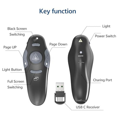 Presentation Clicker for PowerPoint, Rechargeable with 2-in-1 USB-A & USB-C | 2-in-1 USB-A & USB-C Receiver, Plug & Play, 50FT Range, Page Up/Down, Full/Black Screen, Mac & Windows Compatible - style: Red Light-Rechargeable