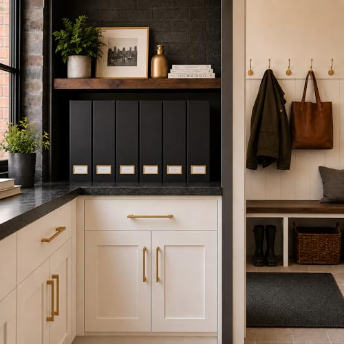 BLU MONACO | Cardboard Magazine File Holder Set of 6 Black | Vertical Magazine File Holder with Gold Label Slots | Standing File Holder and Cardboard Bins for Shelves Desk Storage - color: Black & Gold